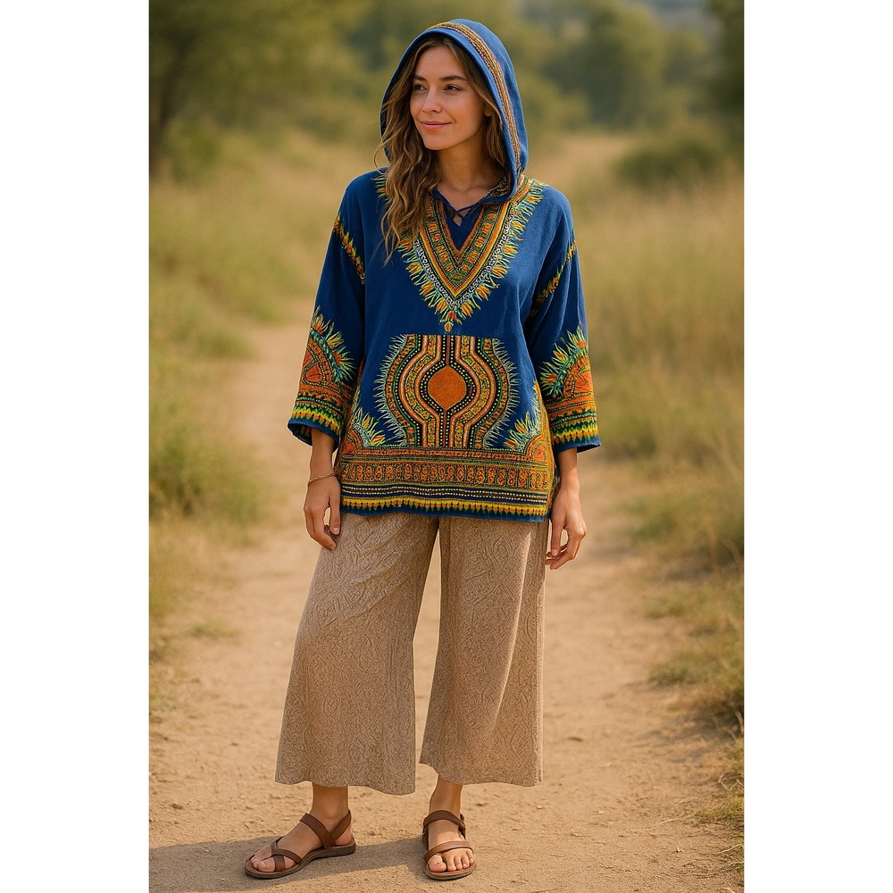 Earthbound L Dashiki Print Lightweight Hoodie Blue Boho Tribal Festival Pullover